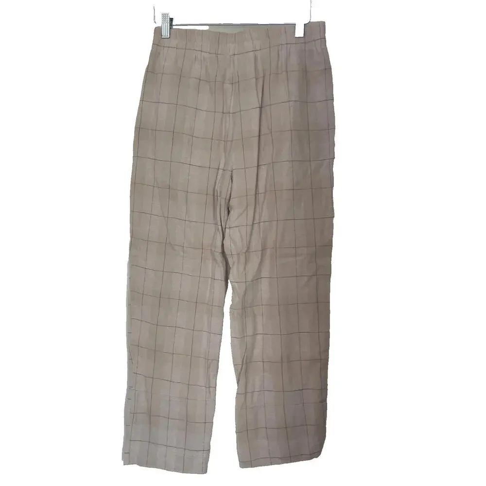 Zara Womans Pants Trousers cotton linen plaid print beige blue size S